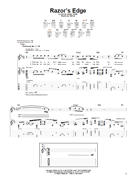 Saliva Razor's Edge sheet music notes and chords arranged for Guitar Tab