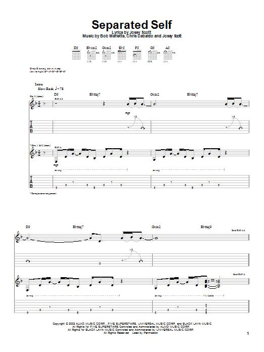 Saliva Separated Self sheet music notes and chords arranged for Guitar Tab