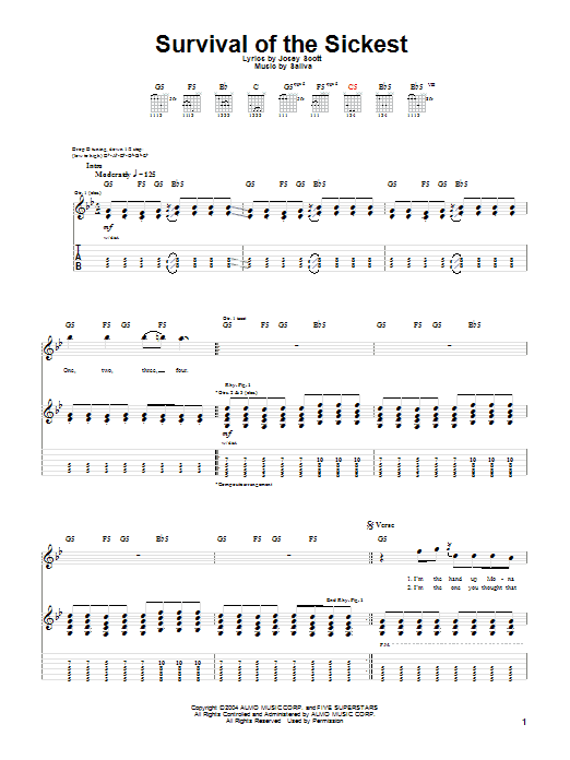 Saliva Survival Of The Sickest sheet music notes and chords arranged for Guitar Tab