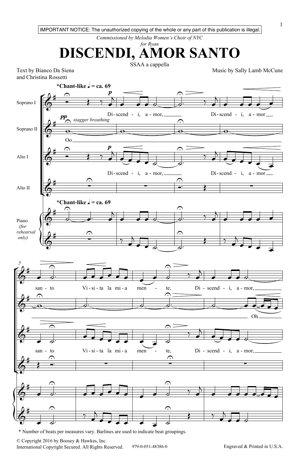 Sally Lamb McCune Discendi, Amor Santo sheet music notes and chords arranged for SSA Choir