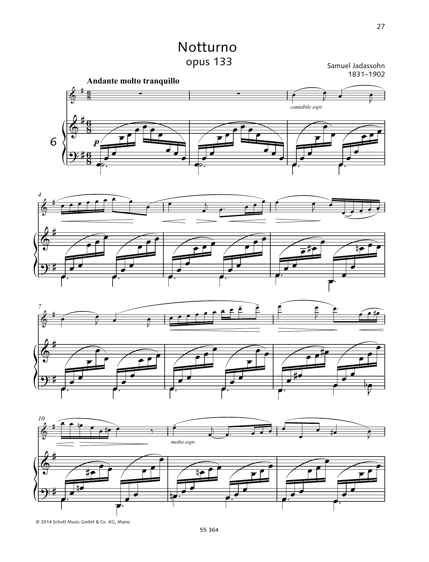 Salomon Jadassohn Notturno sheet music notes and chords arranged for Woodwind Solo