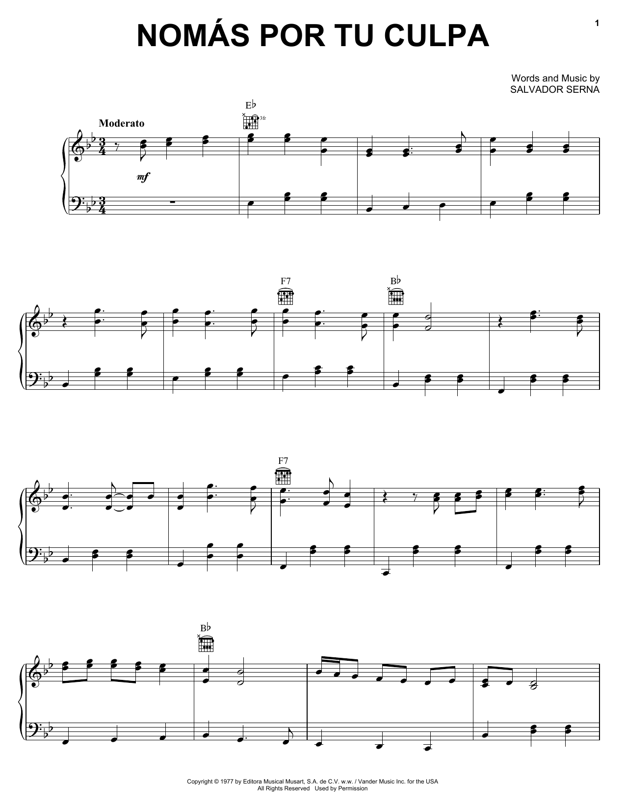 Salvador Serna Nomas Por Tu Culpa sheet music notes and chords arranged for Piano, Vocal & Guitar Chords (Right-Hand Melody)