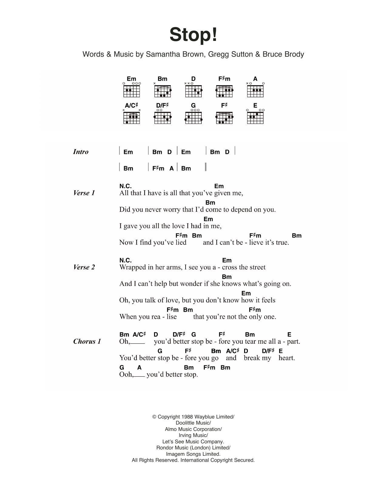 Sam Brown Stop! sheet music notes and chords arranged for Guitar Chords/Lyrics