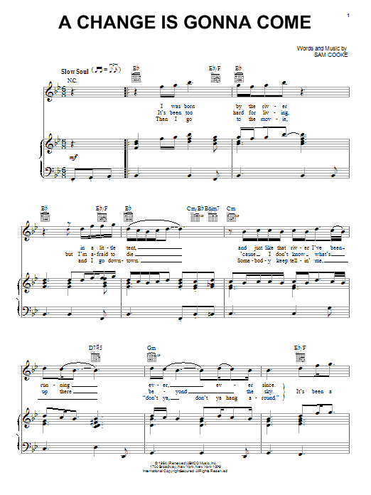 Sam Cooke A Change Is Gonna Come sheet music notes and chords arranged for Piano, Vocal & Guitar Chords