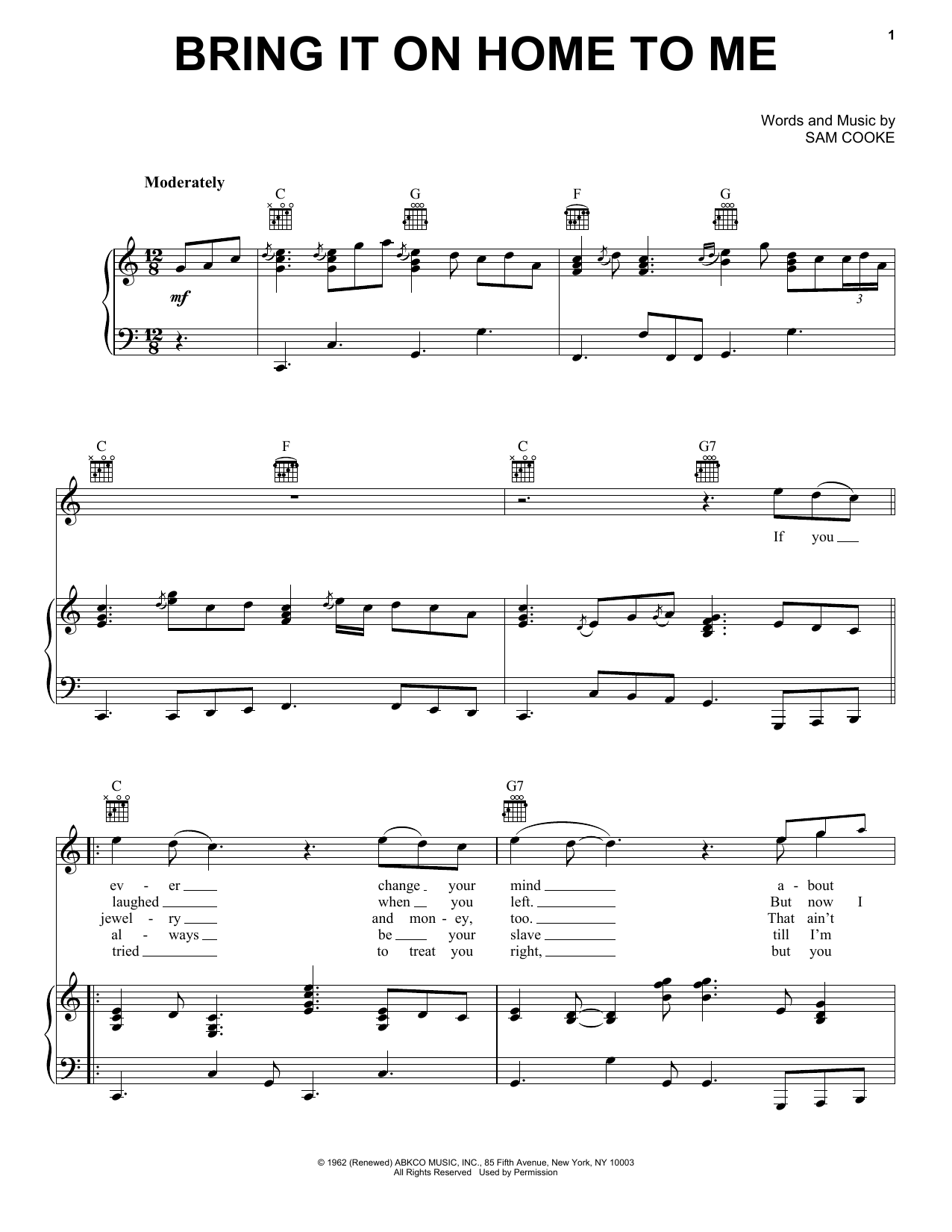 Sam Cooke Bring It On Home To Me sheet music notes and chords arranged for Piano, Vocal & Guitar Chords (Right-Hand Melody)
