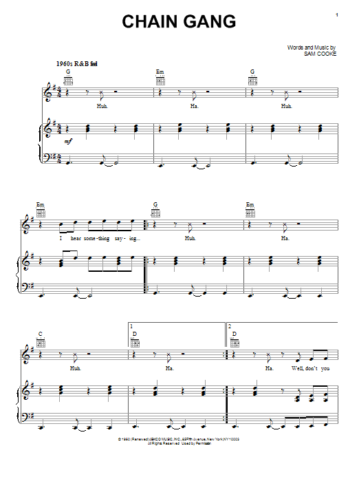 Sam Cooke Chain Gang sheet music notes and chords arranged for Easy Piano