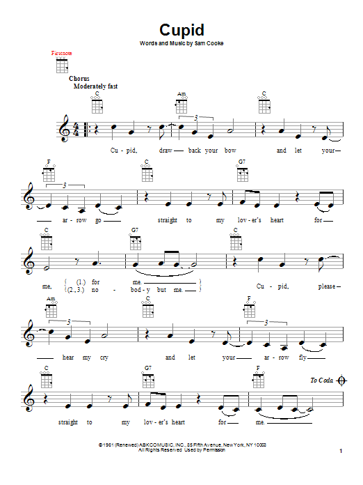 Sam Cooke Cupid sheet music notes and chords arranged for Ukulele