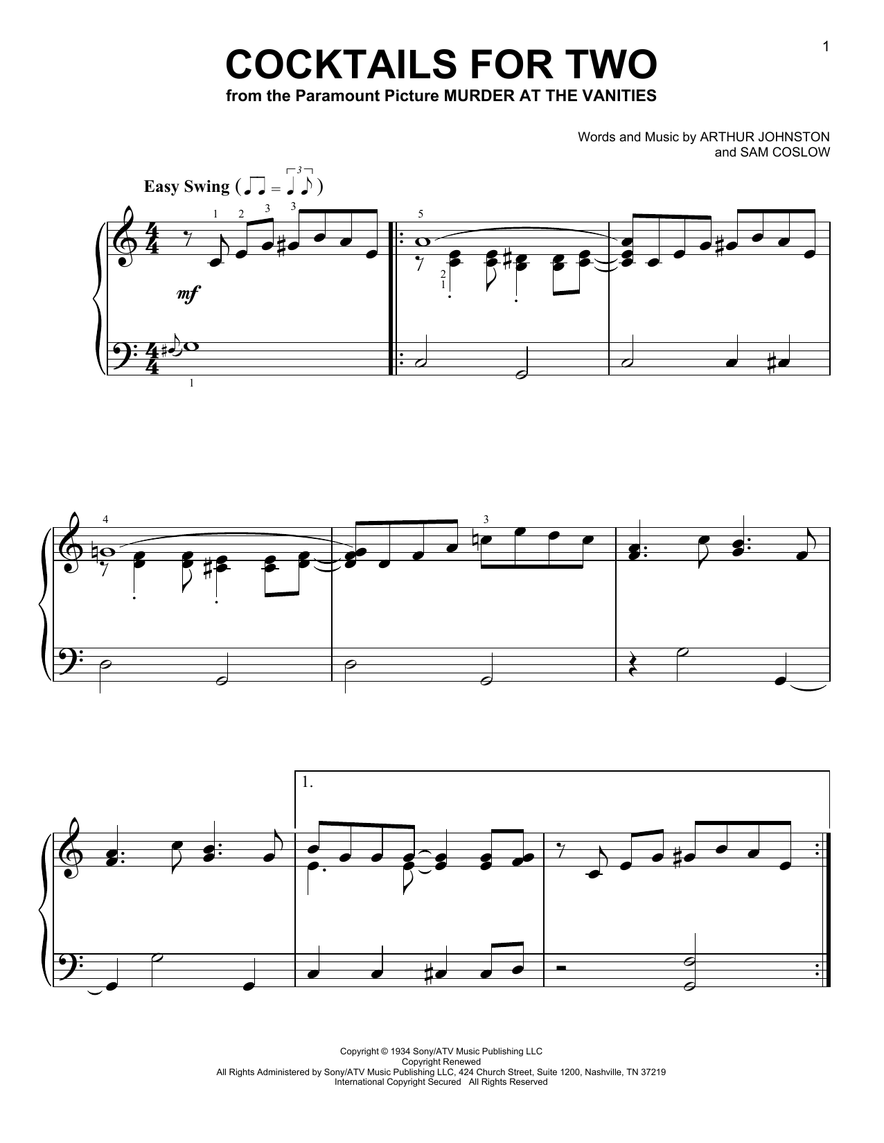 Sam Coslow Cocktails For Two sheet music notes and chords arranged for Lead Sheet / Fake Book