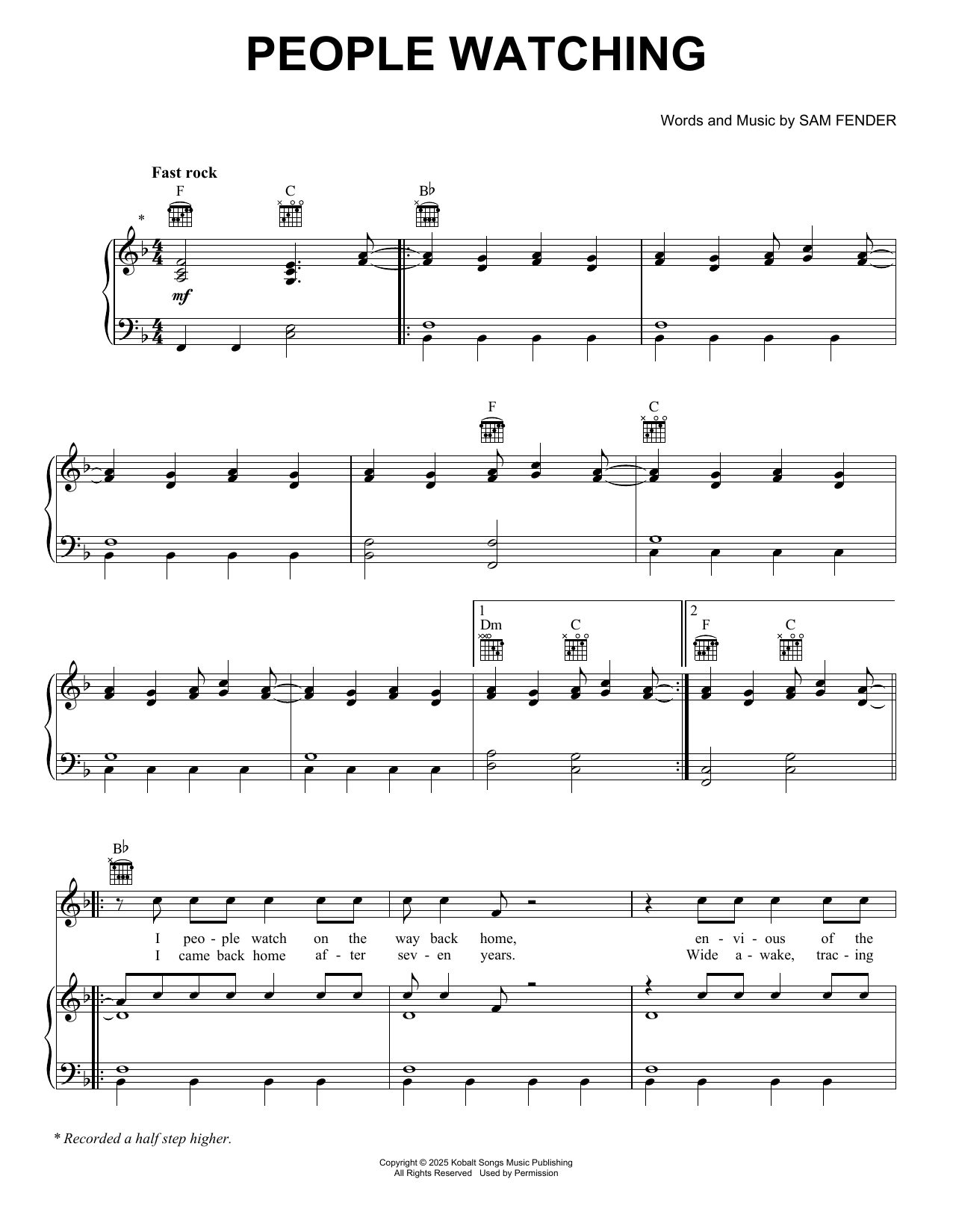 Sam Fender People Watching sheet music notes and chords arranged for Easy Piano