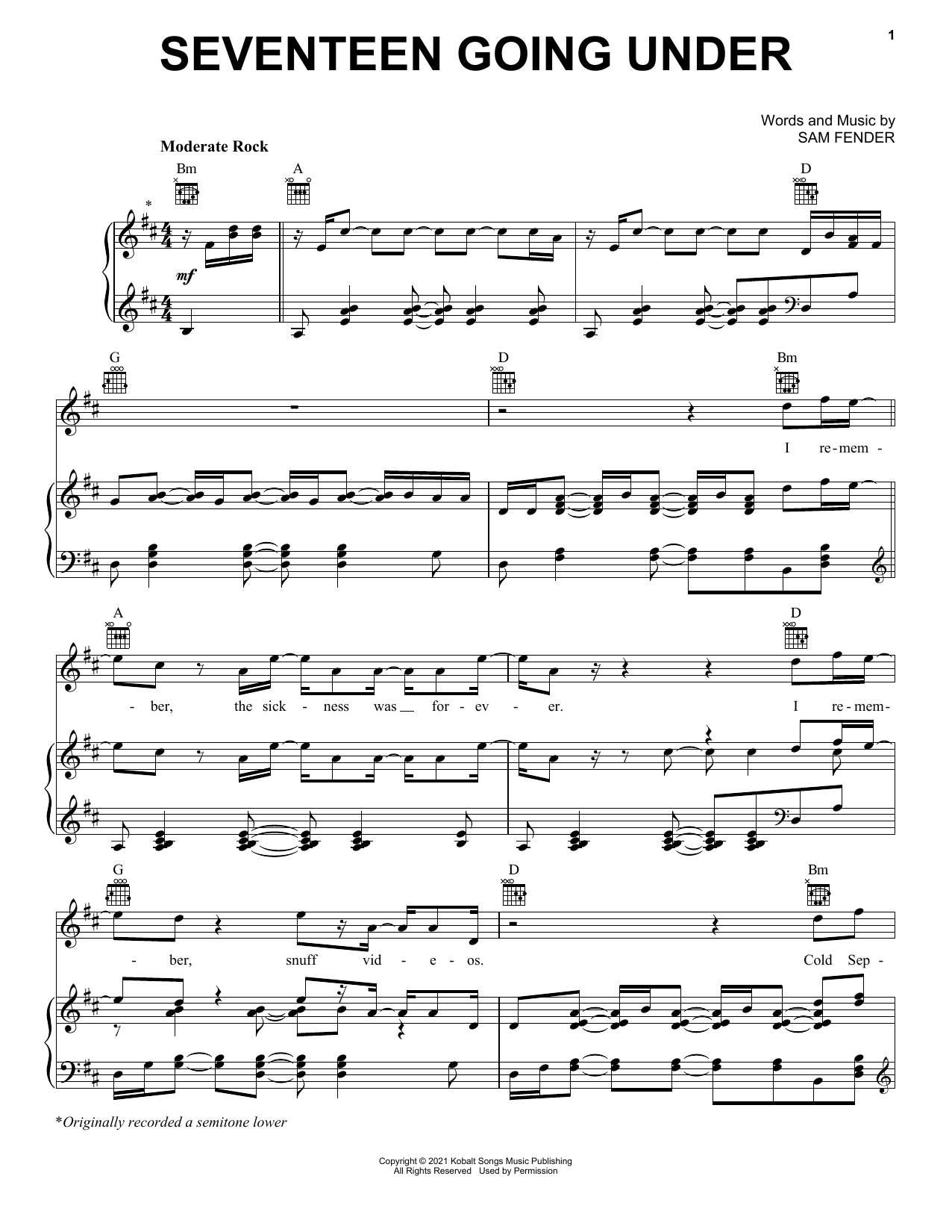 Sam Fender Seventeen Going Under sheet music notes and chords arranged for Piano, Vocal & Guitar Chords (Right-Hand Melody)