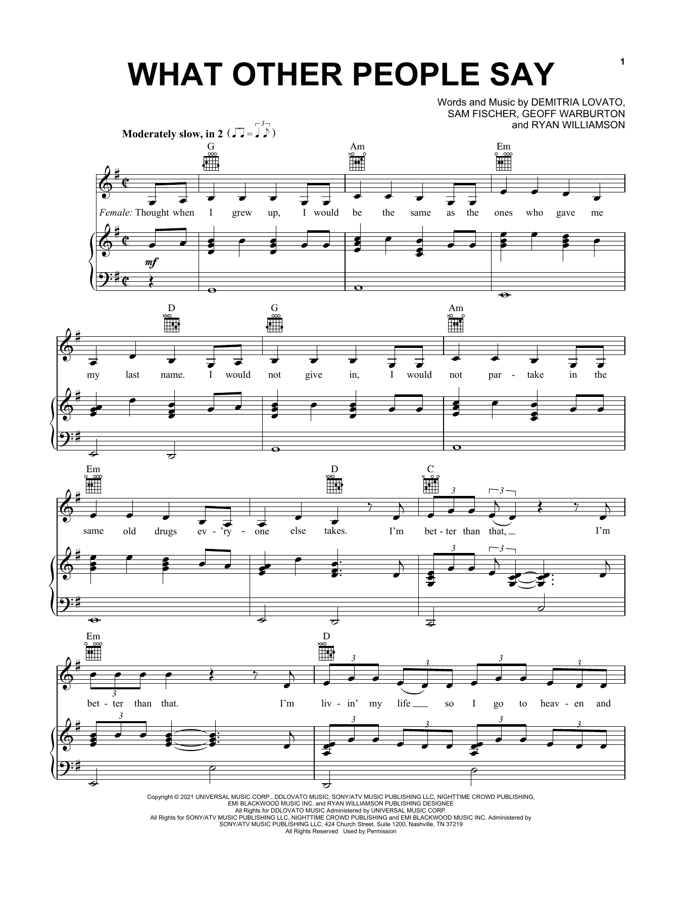 Sam Fischer & Demi Lovato What Other People Say sheet music notes and chords arranged for Piano, Vocal & Guitar Chords (Right-Hand Melody)