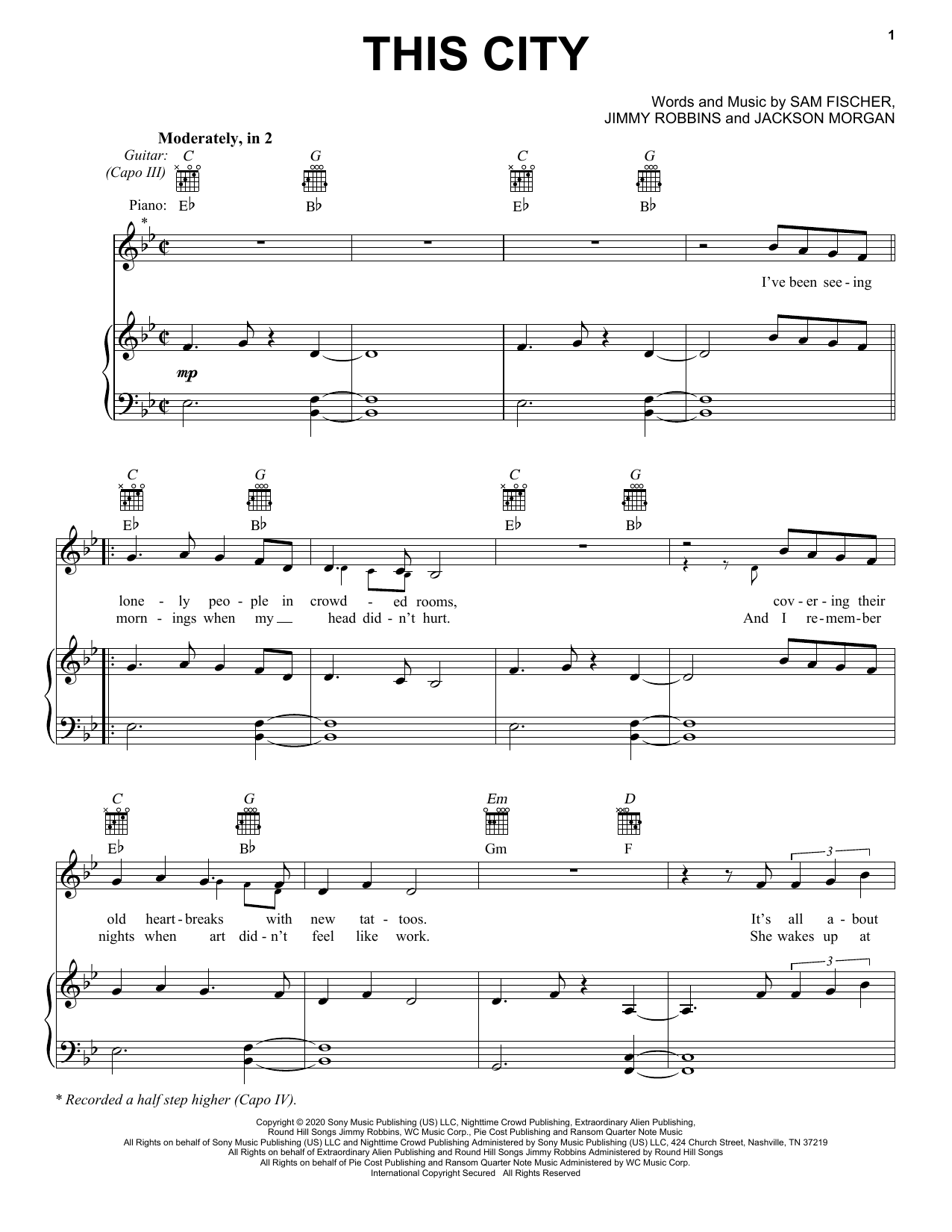 Sam Fischer This City sheet music notes and chords arranged for Piano, Vocal & Guitar Chords (Right-Hand Melody)