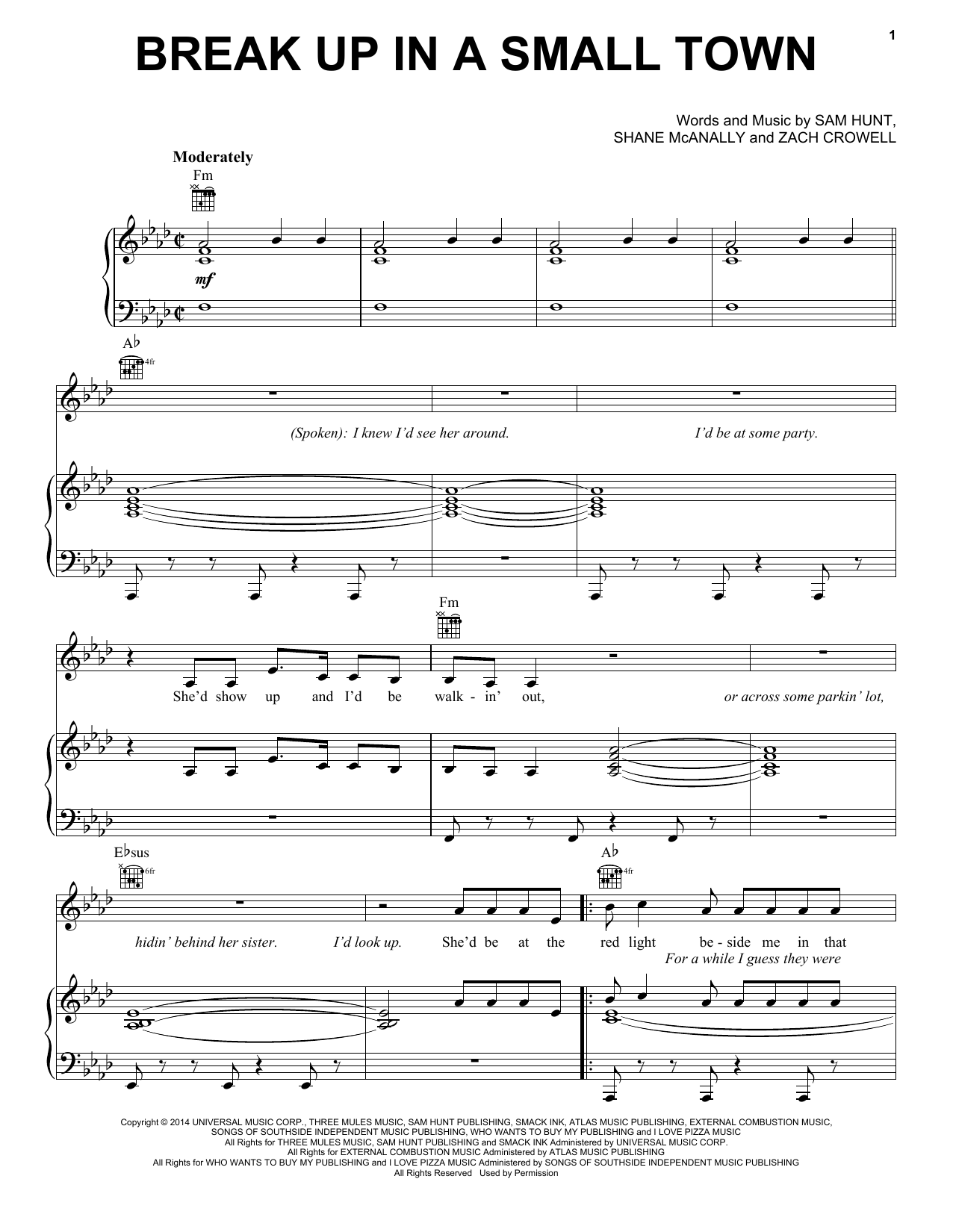 Sam Hunt Break Up In A Small Town sheet music notes and chords arranged for Piano, Vocal & Guitar Chords (Right-Hand Melody)