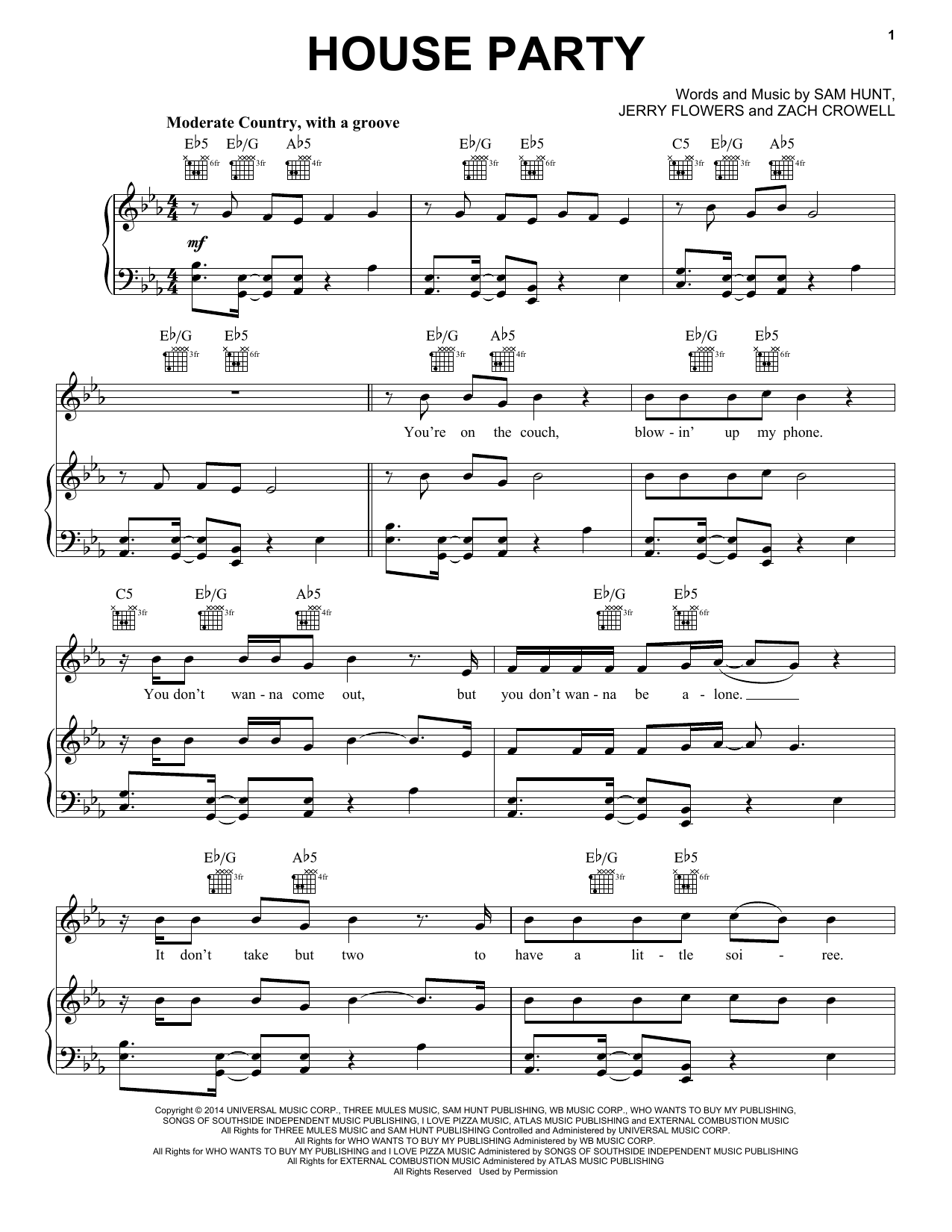 Sam Hunt House Party sheet music notes and chords arranged for Piano, Vocal & Guitar Chords (Right-Hand Melody)