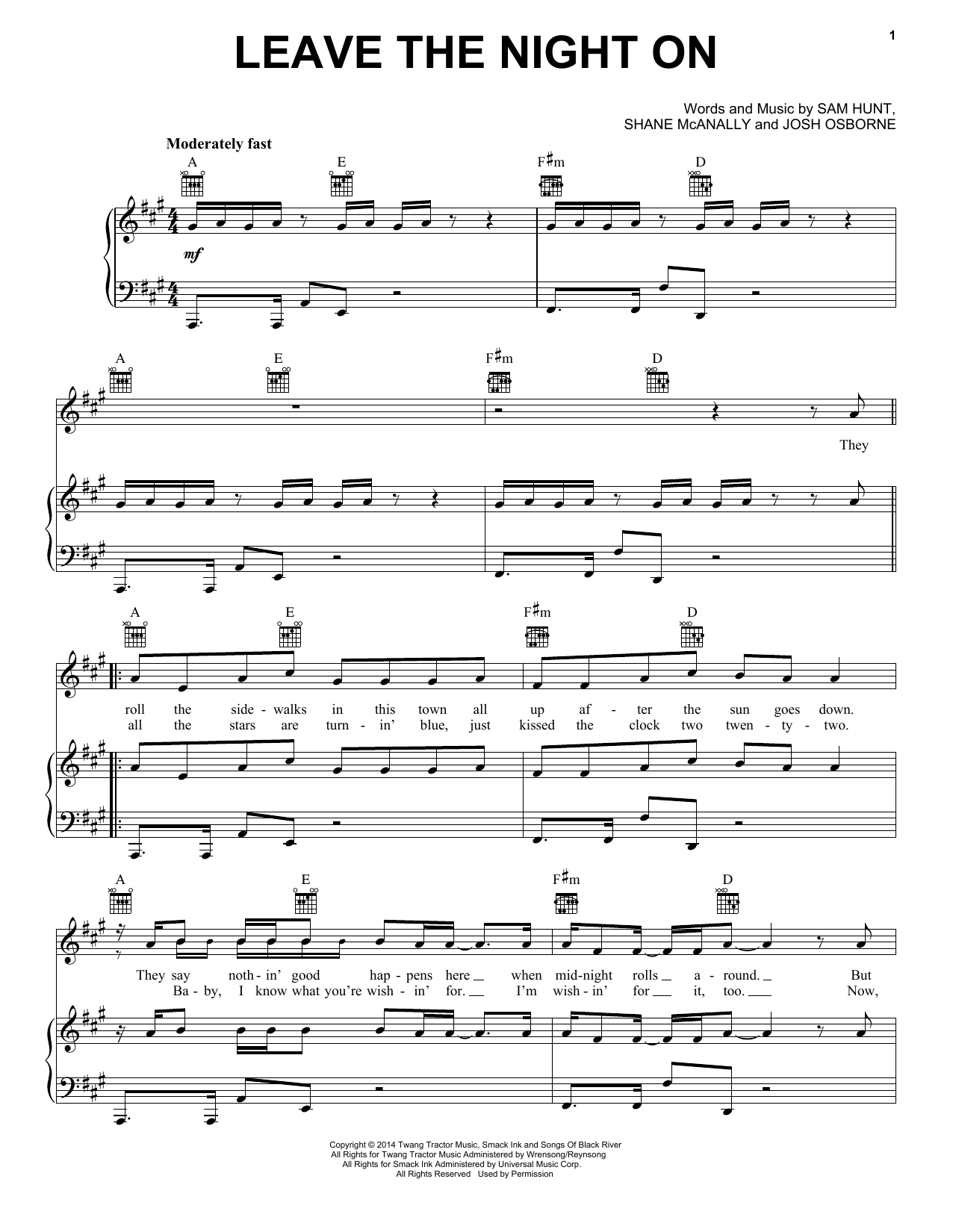 Sam Hunt Leave The Night On sheet music notes and chords arranged for Piano, Vocal & Guitar Chords (Right-Hand Melody)