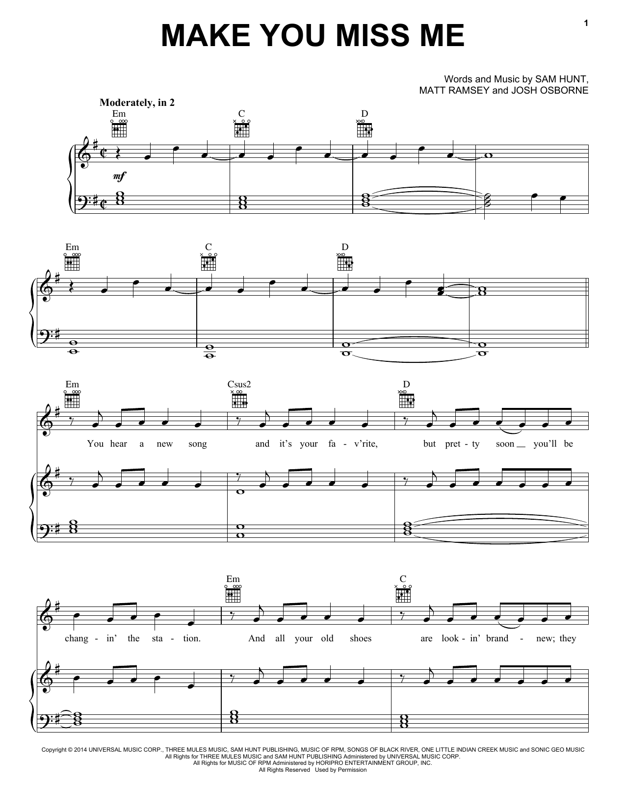 Sam Hunt Make You Miss Me sheet music notes and chords arranged for Piano, Vocal & Guitar Chords (Right-Hand Melody)