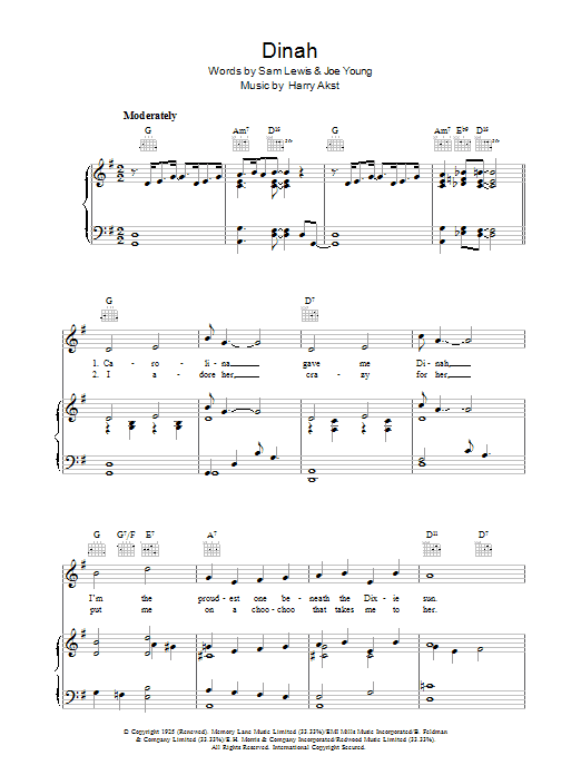 Sam Lewis Dinah sheet music notes and chords arranged for Piano, Vocal & Guitar Chords