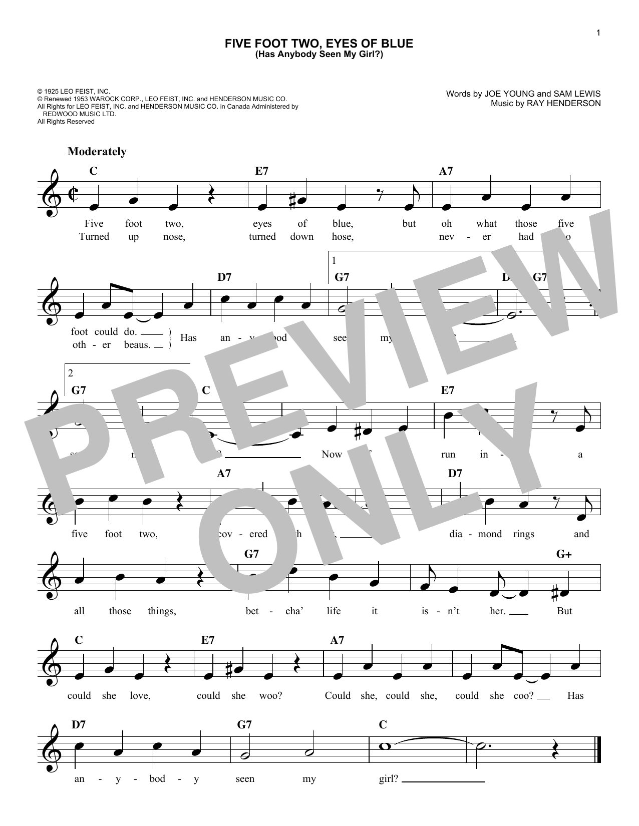 Sam Lewis Five Foot Two, Eyes Of Blue (Has Anybody Seen My Girl?) sheet music notes and chords arranged for Lead Sheet / Fake Book