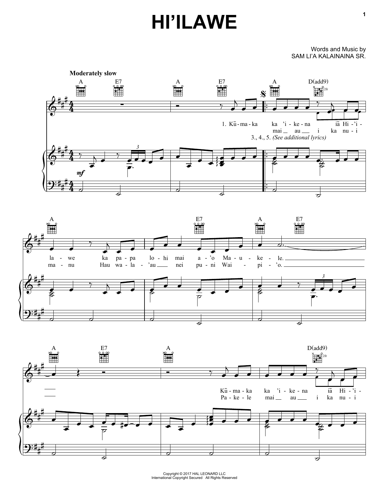 Sam Li'a Kalainaina Sr. Hi'ilawe sheet music notes and chords arranged for Piano, Vocal & Guitar Chords (Right-Hand Melody)