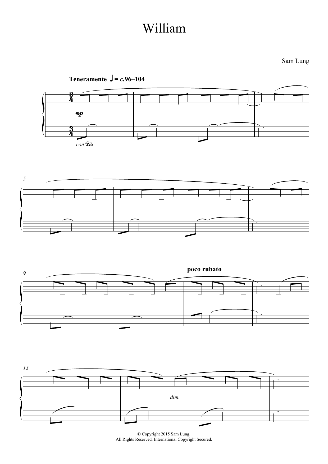 Sam Lung William sheet music notes and chords arranged for Piano Solo