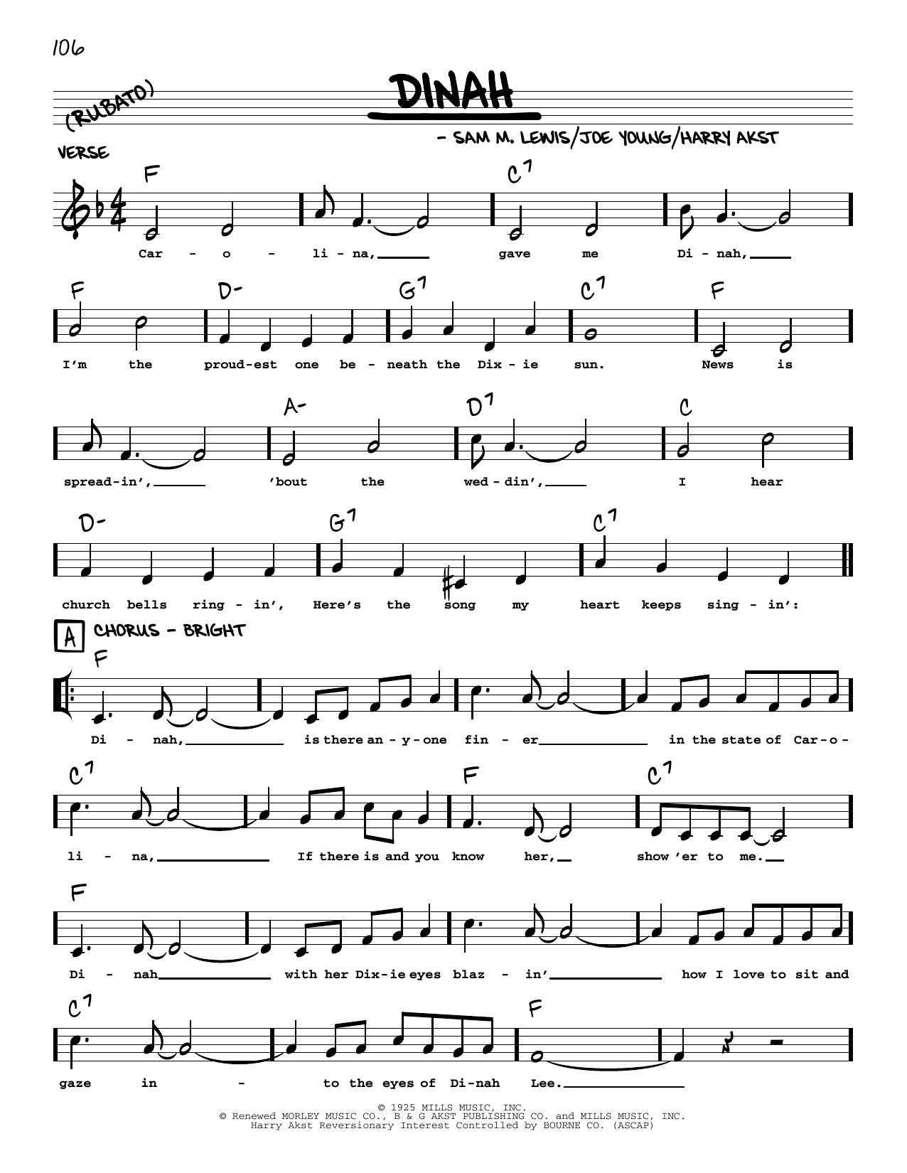 Sam M. Lewis Dinah (arr. Robert Rawlins) sheet music notes and chords arranged for Real Book – Melody, Lyrics & Chords