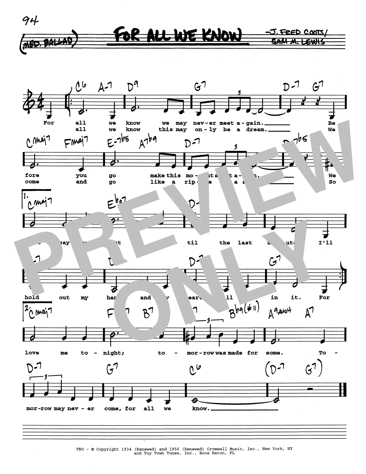 Sam M. Lewis For All We Know (Low Voice) sheet music notes and chords arranged for Real Book – Melody, Lyrics & Chords