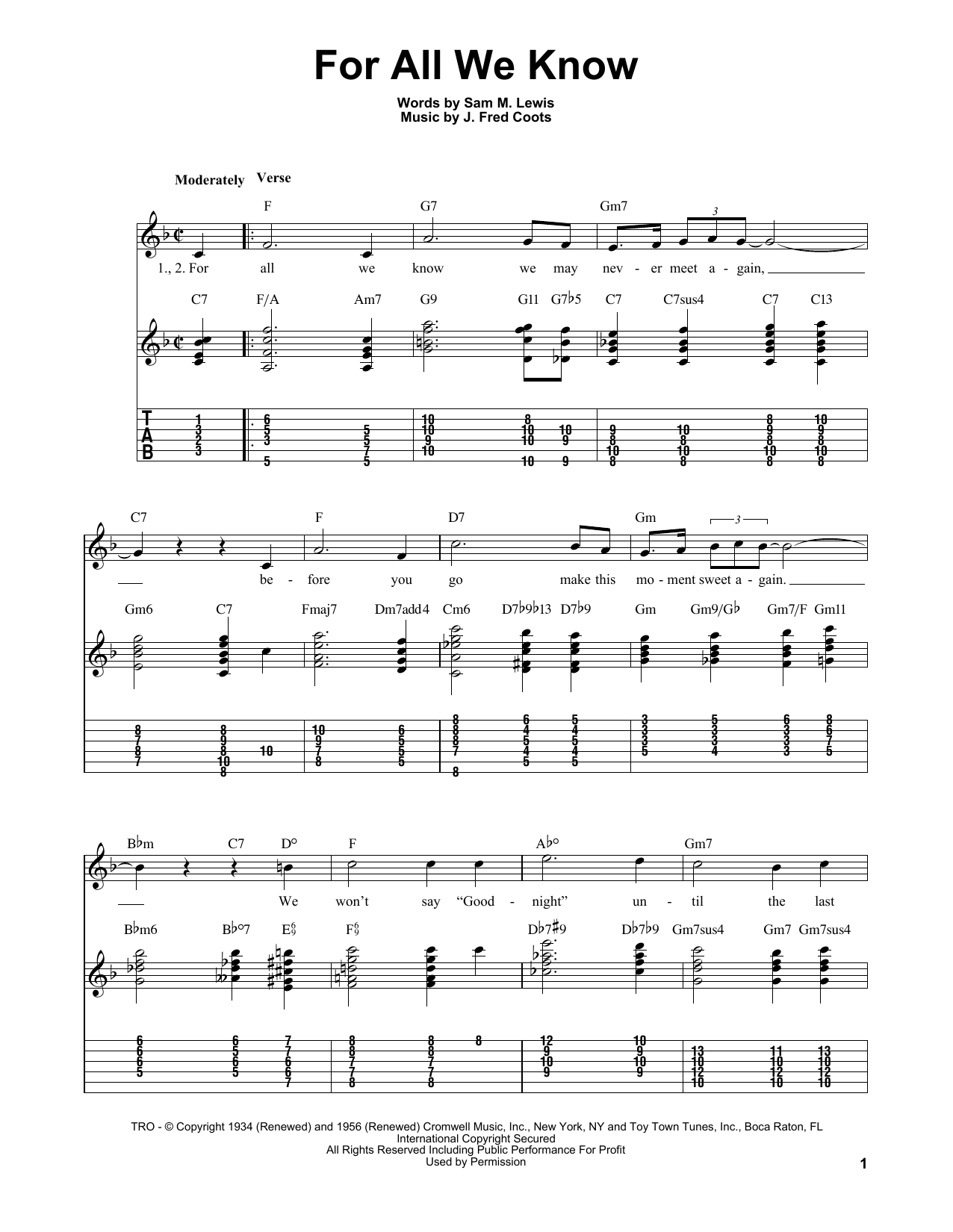 Sam M. Lewis For All We Know sheet music notes and chords arranged for Real Book – Melody & Chords – C Instruments