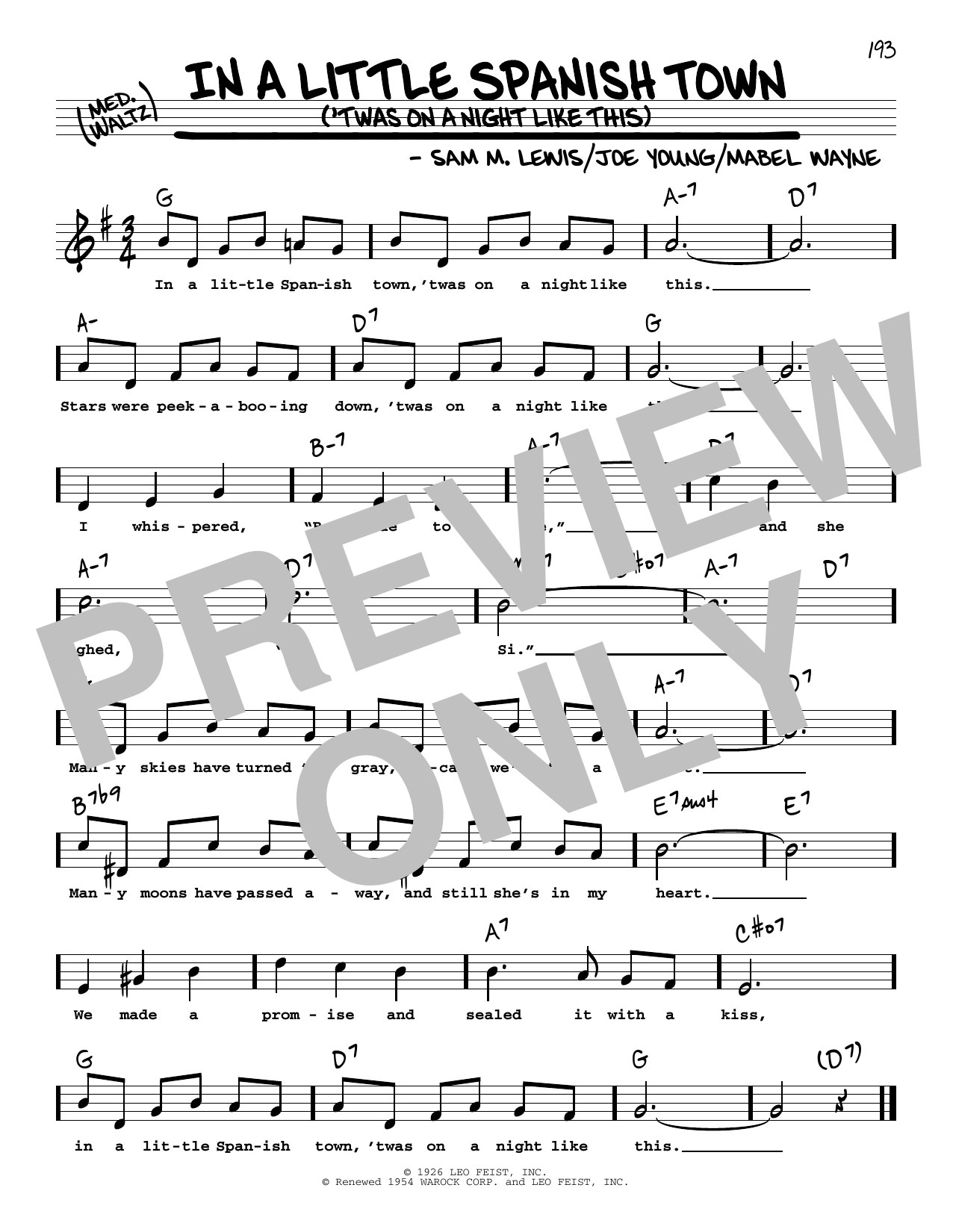 Sam M. Lewis In A Little Spanish Town ('Twas On A Night Like This) (High Voice) sheet music notes and chords arranged for Real Book – Melody, Lyrics & Chords