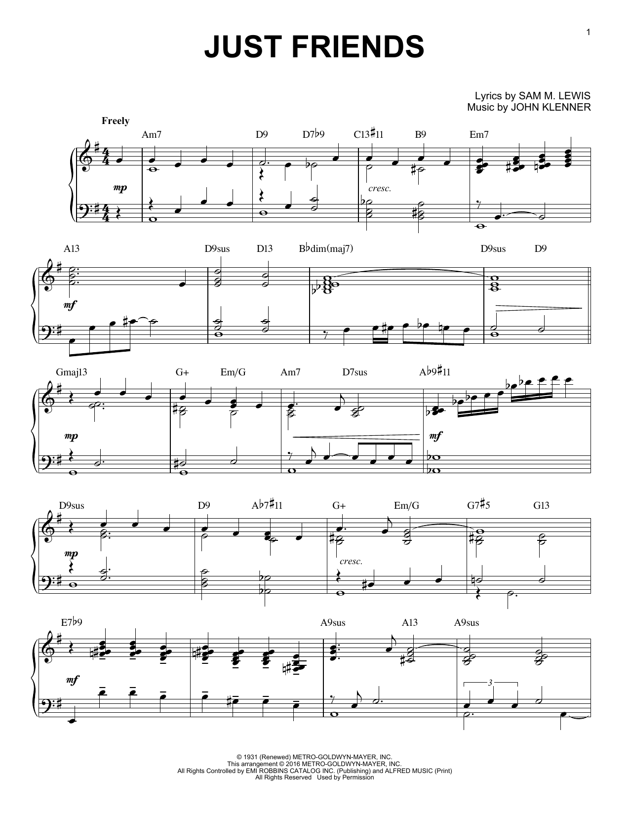 Sam M. Lewis Just Friends (arr. Brent Edstrom) sheet music notes and chords arranged for Piano Solo