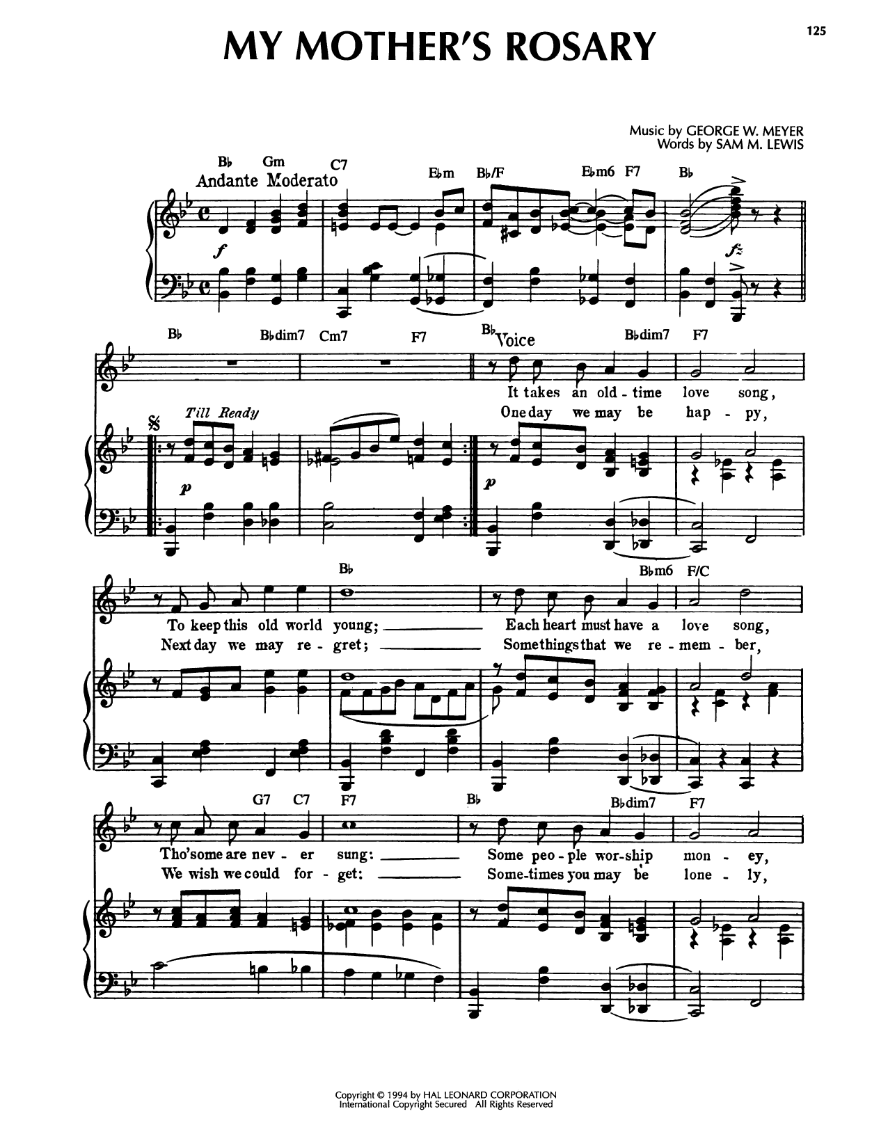 Sam M. Lewis My Mother's Rosary sheet music notes and chords arranged for Piano, Vocal & Guitar Chords (Right-Hand Melody)