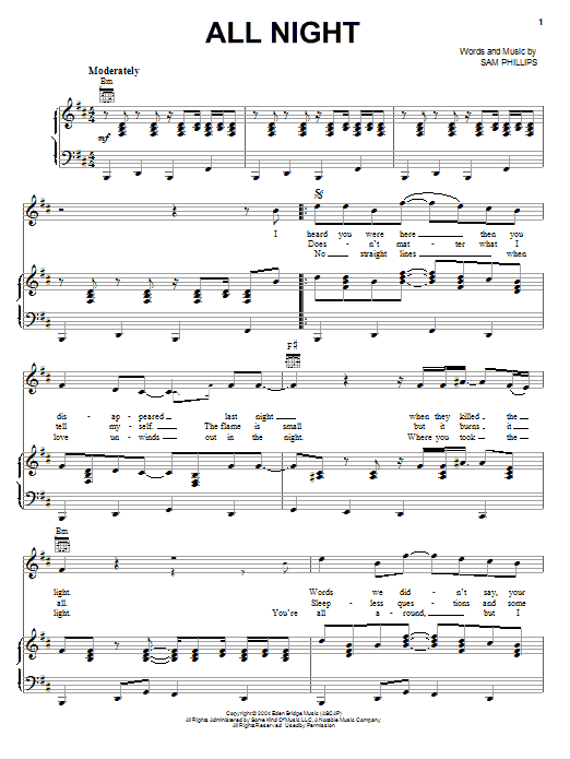 Sam Phillips All Night sheet music notes and chords arranged for Piano, Vocal & Guitar Chords (Right-Hand Melody)