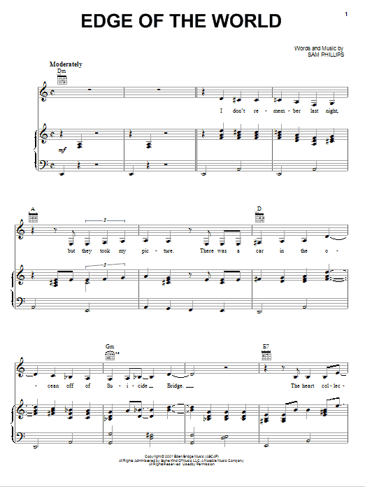 Sam Phillips Edge Of The World sheet music notes and chords arranged for Piano, Vocal & Guitar Chords (Right-Hand Melody)