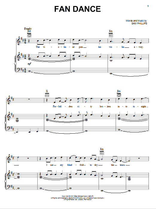 Sam Phillips Fan Dance sheet music notes and chords arranged for Piano, Vocal & Guitar Chords (Right-Hand Melody)