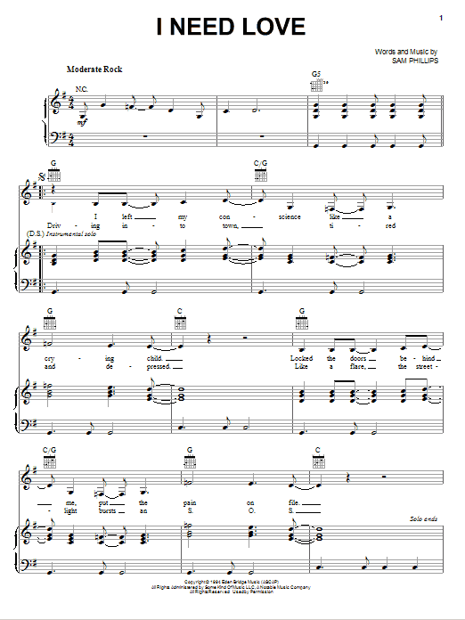 Sam Phillips I Need Love sheet music notes and chords arranged for Piano, Vocal & Guitar Chords (Right-Hand Melody)