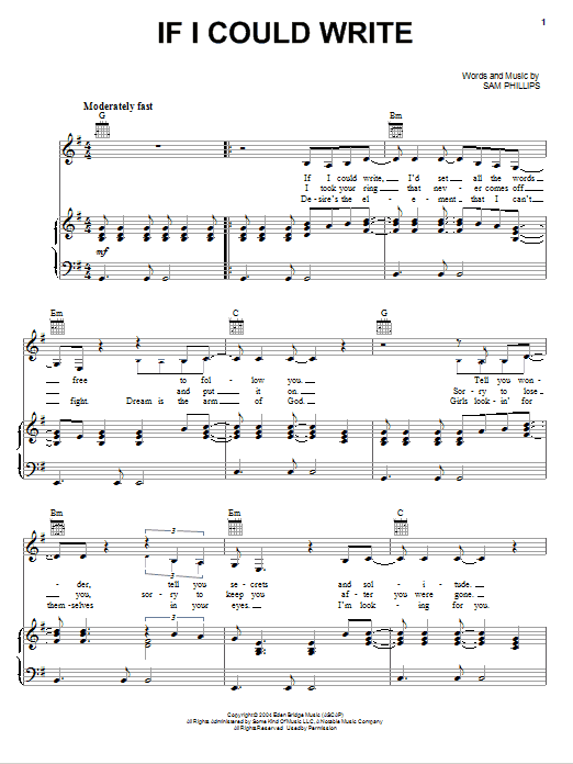 Sam Phillips If I Could Write sheet music notes and chords arranged for Piano, Vocal & Guitar Chords (Right-Hand Melody)