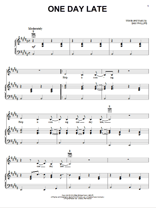 Sam Phillips One Day Late sheet music notes and chords arranged for Piano, Vocal & Guitar Chords (Right-Hand Melody)
