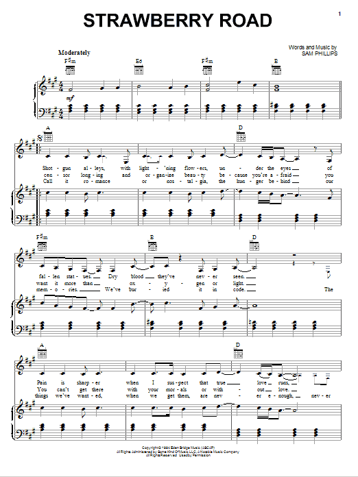 Sam Phillips Strawberry Road sheet music notes and chords arranged for Piano, Vocal & Guitar Chords (Right-Hand Melody)