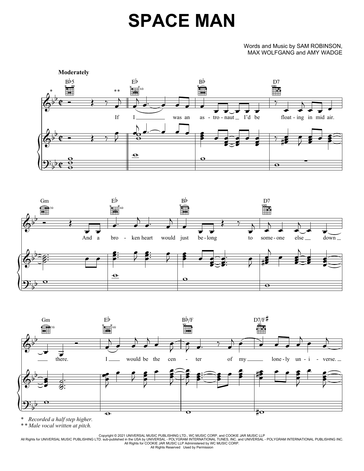 Sam Ryder SPACE MAN sheet music notes and chords arranged for Easy Piano