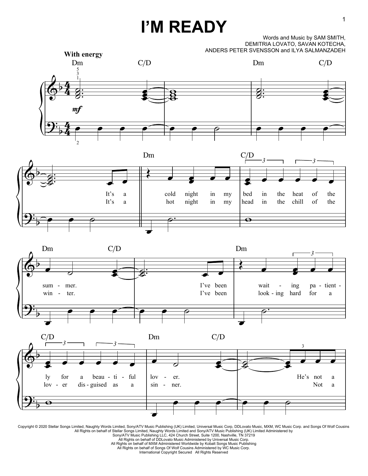 Sam Smith and Demi Lovato I'm Ready sheet music notes and chords arranged for Easy Piano