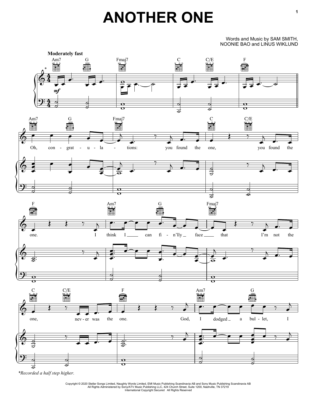 Sam Smith Another One sheet music notes and chords arranged for Piano, Vocal & Guitar Chords (Right-Hand Melody)
