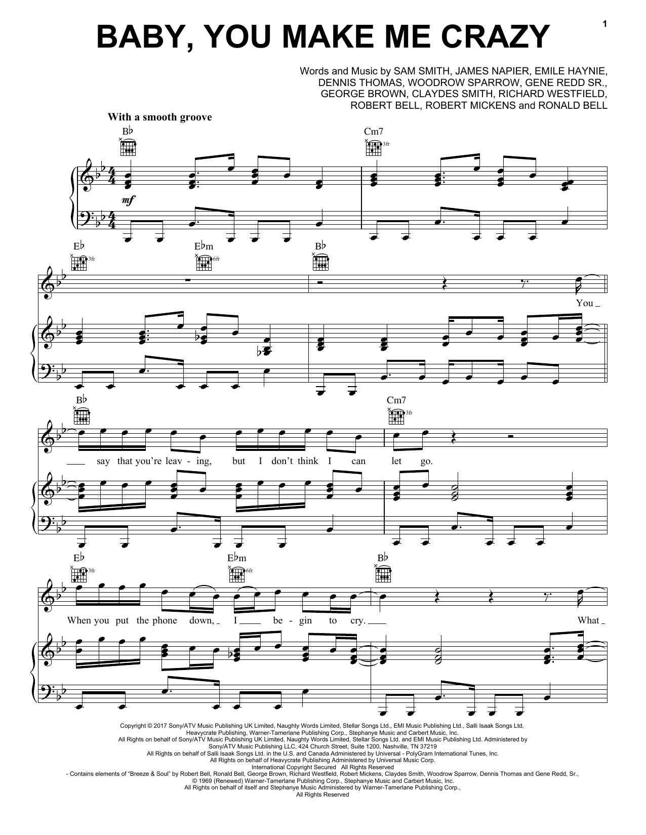 Sam Smith Baby, You Make Me Crazy sheet music notes and chords arranged for Piano, Vocal & Guitar Chords (Right-Hand Melody)