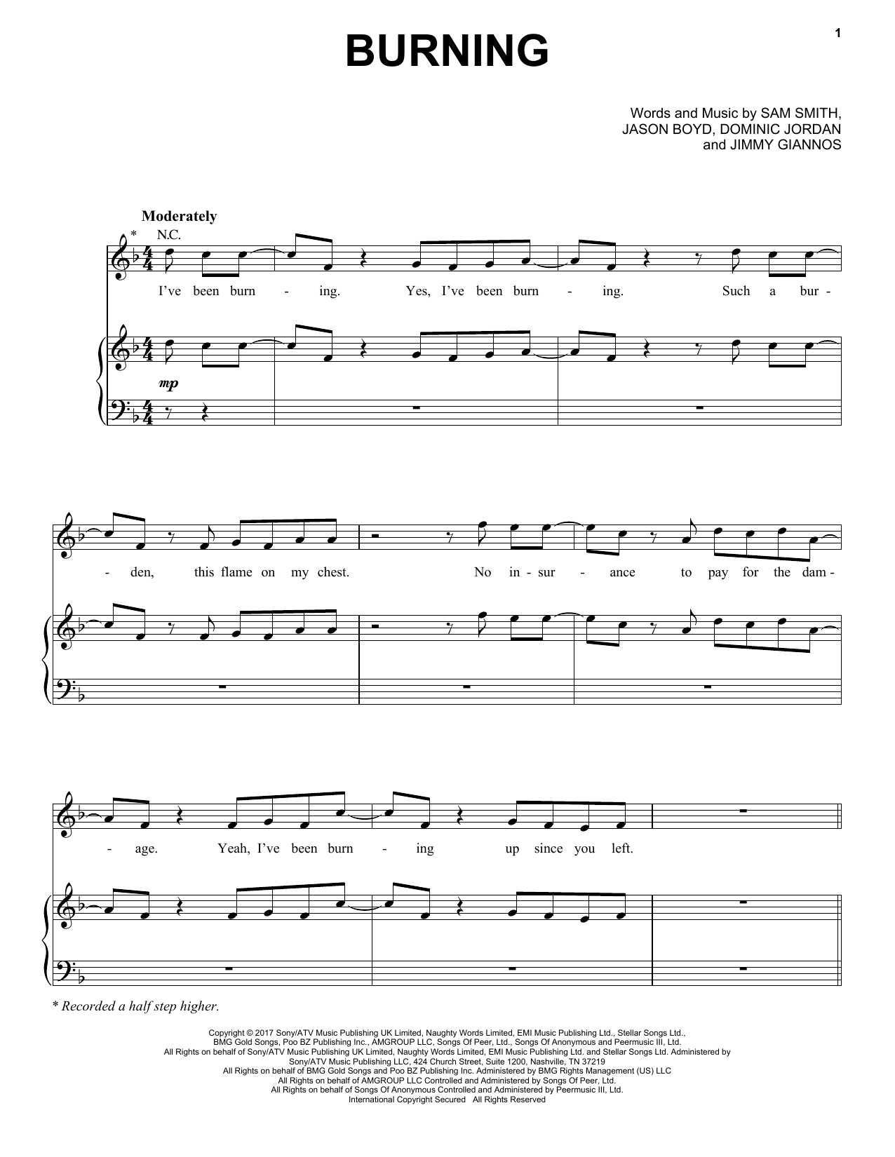 Sam Smith Burning sheet music notes and chords arranged for Easy Piano