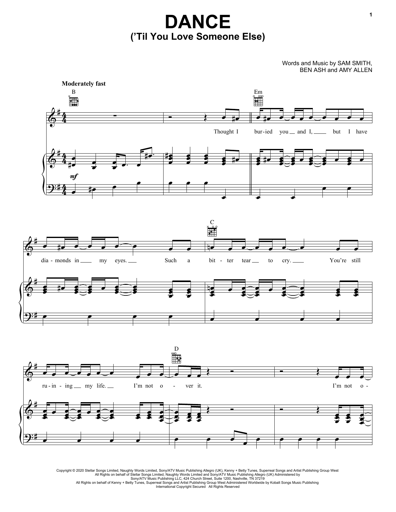 Sam Smith Dance ('Til You Love Someone Else) sheet music notes and chords arranged for Piano, Vocal & Guitar Chords (Right-Hand Melody)