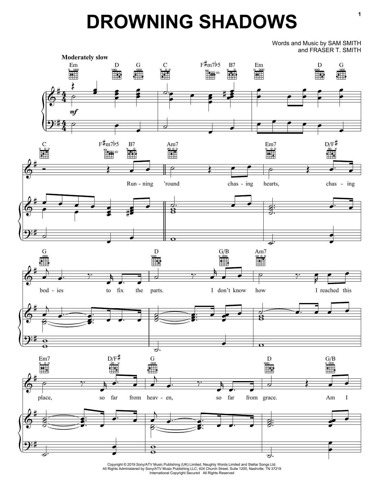 Sam Smith Drowning Shadows sheet music notes and chords arranged for Piano, Vocal & Guitar Chords (Right-Hand Melody)