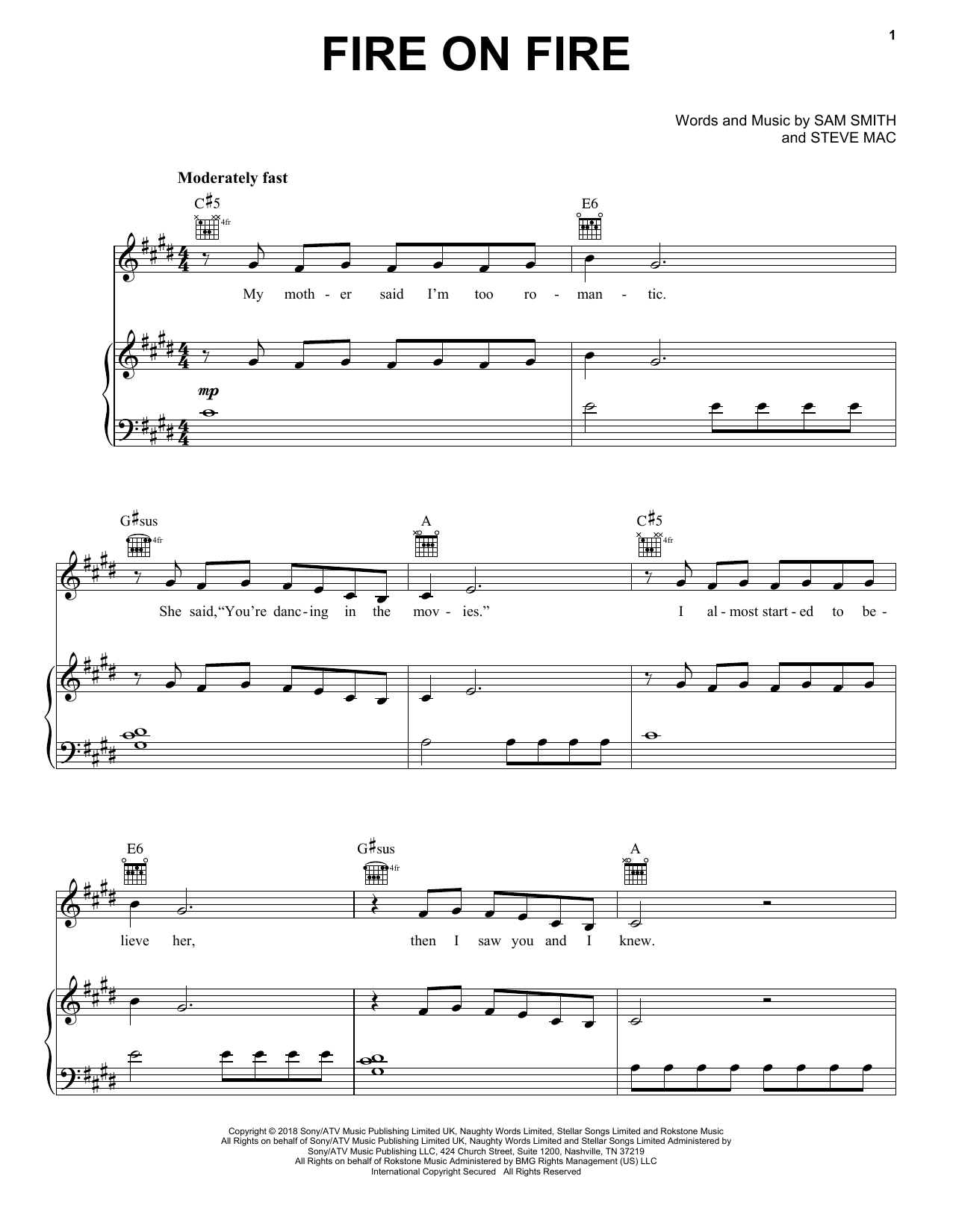Sam Smith Fire On Fire (from Watership Down) sheet music notes and chords arranged for Piano, Vocal & Guitar Chords (Right-Hand Melody)