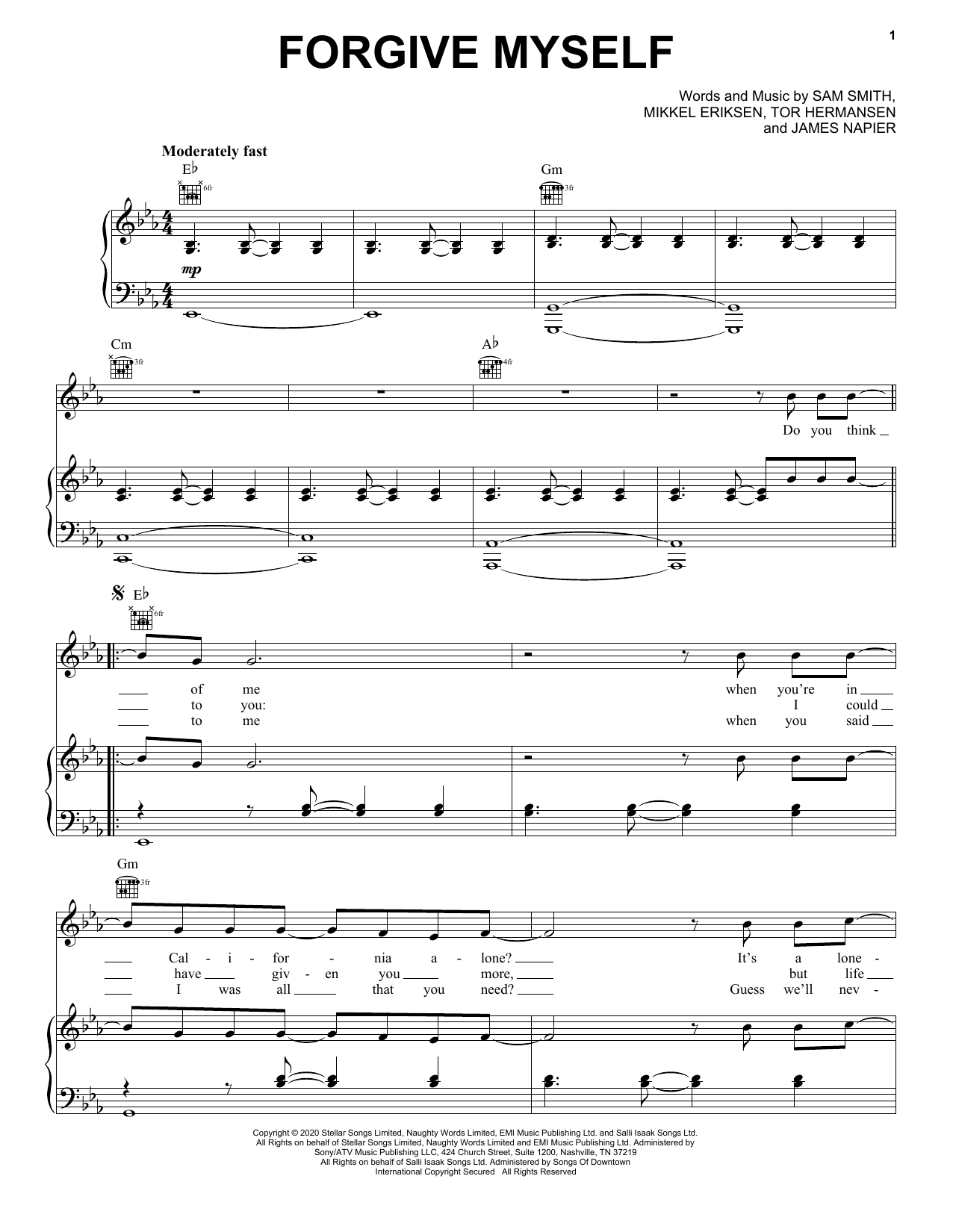 Sam Smith Forgive Myself sheet music notes and chords arranged for Piano, Vocal & Guitar Chords (Right-Hand Melody)