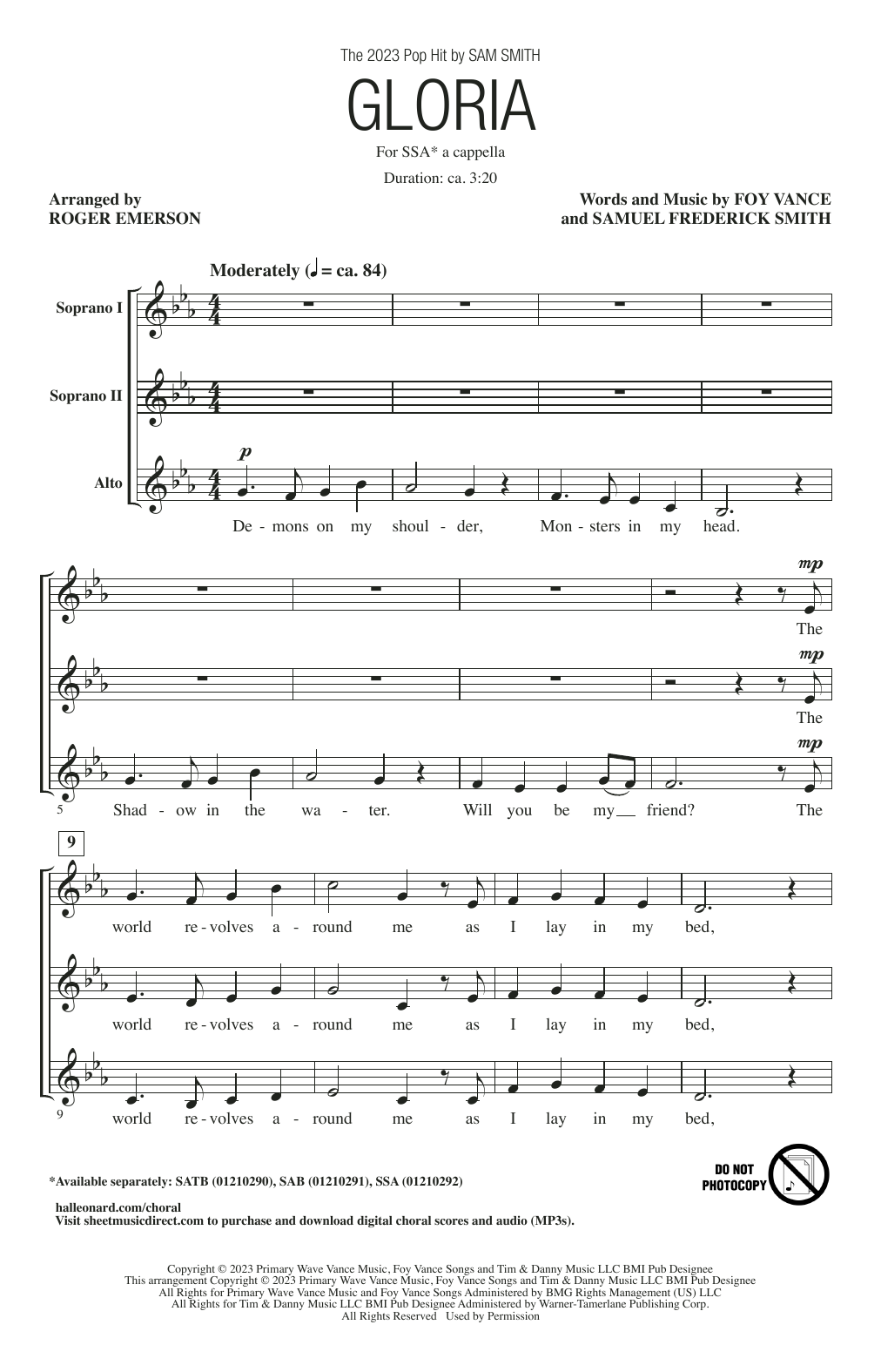 Sam Smith Gloria (arr. Roger Emerson) sheet music notes and chords arranged for SSA Choir