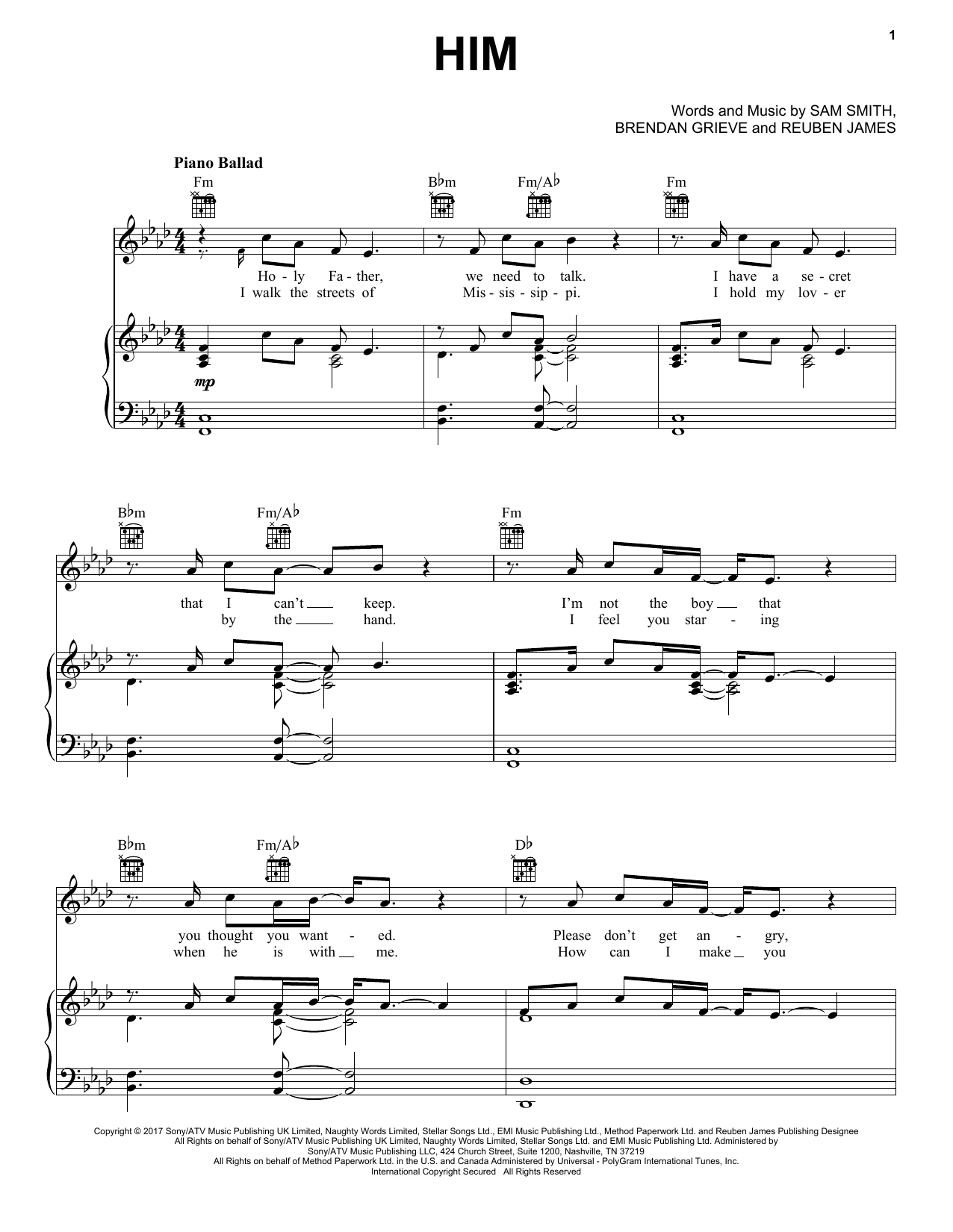 Sam Smith Him sheet music notes and chords arranged for Easy Piano