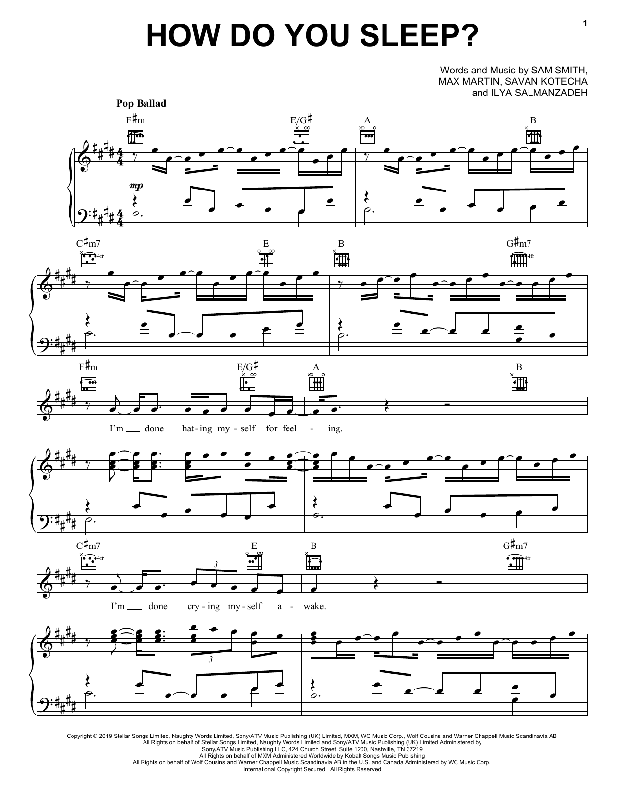 Sam Smith How Do You Sleep? sheet music notes and chords arranged for Easy Piano
