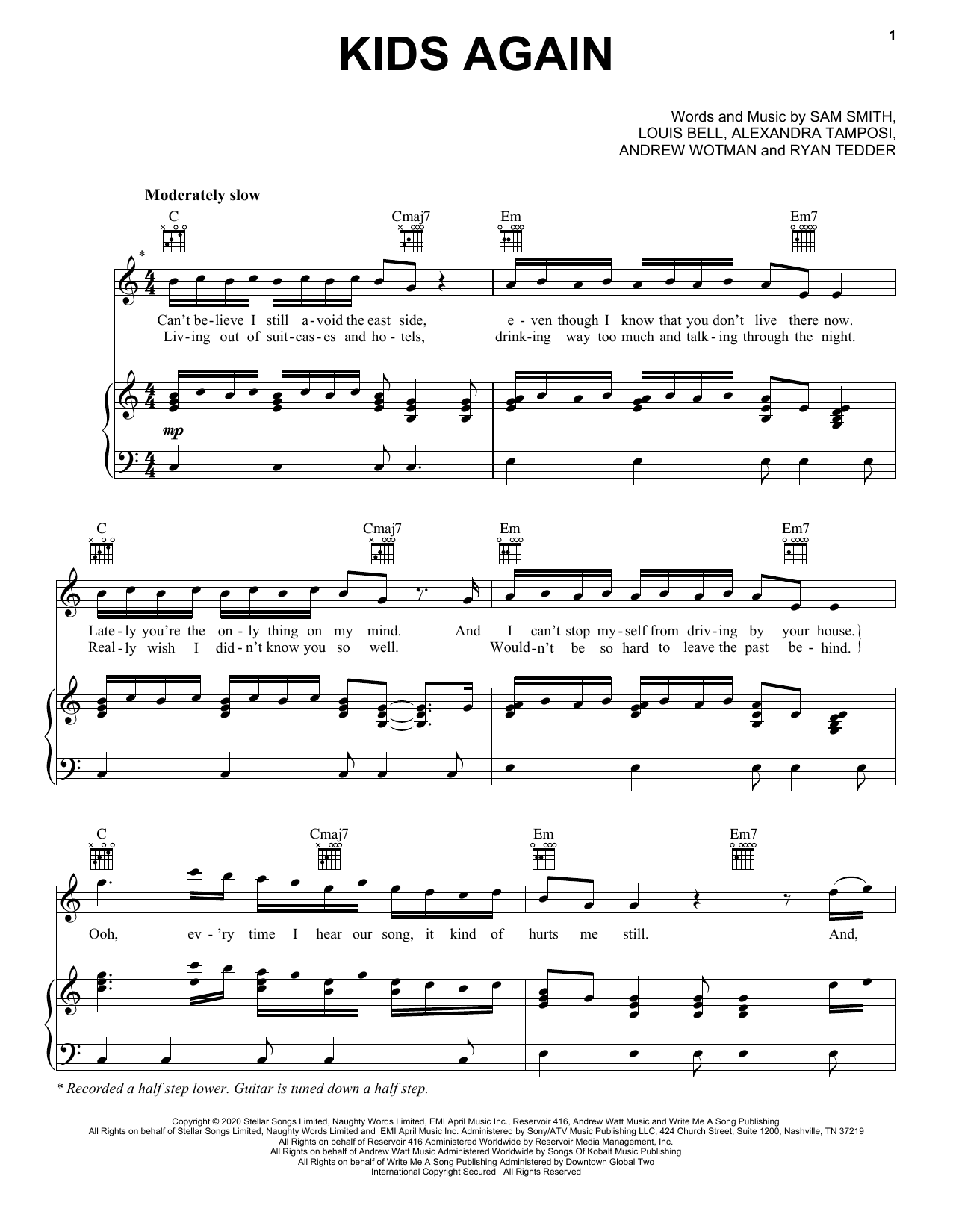 Sam Smith Kids Again sheet music notes and chords arranged for Piano, Vocal & Guitar Chords (Right-Hand Melody)